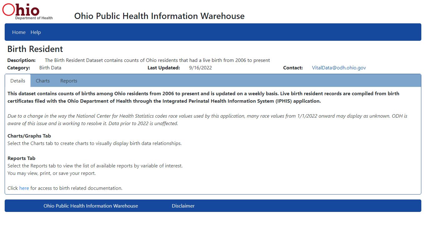 Ohio Public Health Information Warehouse - Public: Browse - Birth Resident